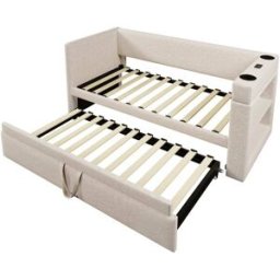 MODFU Cama infantil de algodón y lino beige 90x190 cm con cama nido y usb