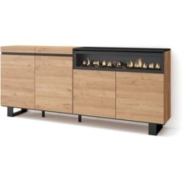 Skraut home Aparador efecto madera roble y negro 200x35x87cm chimenea efecto fuego