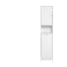 SoBuy Mueble columna de baño con 1 cesto para ropa sucia madera blanco