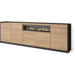 Skraut home Aparador efecto madera roble y negro 263x37x80cm chimenea efecto fuego