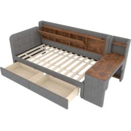 MODFU Cama infantil con cajones y escritorio de lino 90x200 cm, gris