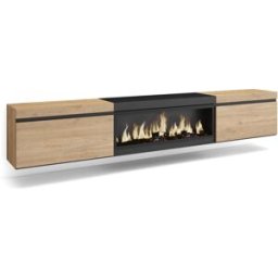 Skraut home Mueble tv efecto madera roble y negro 267x35x45 chimenea efecto fuego