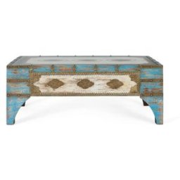 GINER Y COLOMER Mesa de centro de madera de mango color azul y blanco envejecido