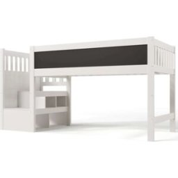 ComfortXL Cama alta infantil 90x200 cm con pizarra y almacenaje, Blanca