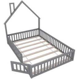 OKWISH Cama infantil gris de pino con forma de chimenea 140x200 cm