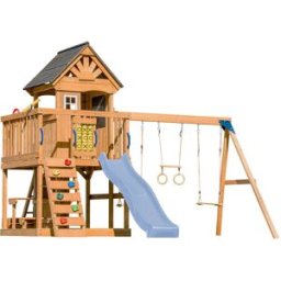 Axi Parque infantil con columpio doble, tobogán azul y trapecio