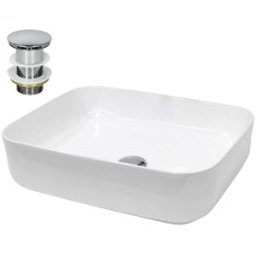 ECD Germany Lavabo de cerámica blanco rectangular con desagüe plateado