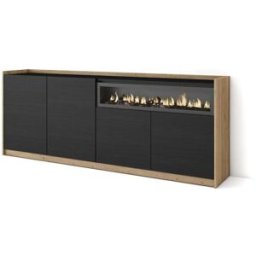 Skraut home Aparador efecto madera negro y roble 210x37x80cm chimenea efecto fuego