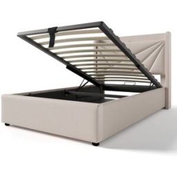 MODFU Cama infantil de lino beige 90x200 cm con espacio de almacenaje