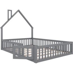MODFU Cama infantil de pino gris 140x200 cm con somier