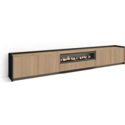 Skraut home Mueble tv efecto madera roble y negro 310x37x50 chimenea efecto fuego