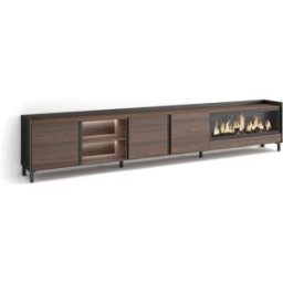 Skraut home Mueble tv efecto madera roble negro 315x35x61cm chimenea efecto fuego