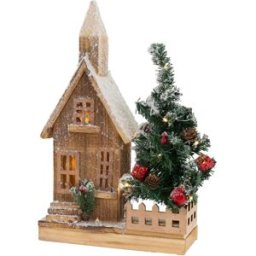 ECD Germany Casa de navidad y abeto con iluminación led blanco cálido 27x11x44 cm