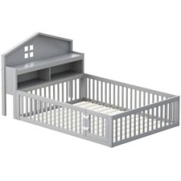 MODFU Cama infantil de madera gris 140x200 cm con espacio de almacenaje