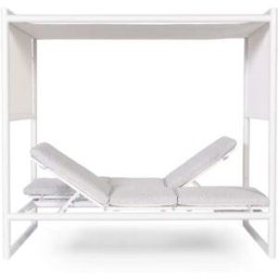 Defora Home Cama doble balinesa blanca y cojines beige