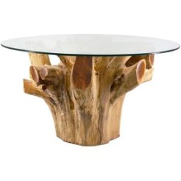 MOYCOR Mesa de centro de madera de teca beige y top de cristal d. 80 cm