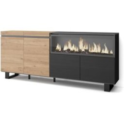 Skraut home Aparador efecto madera roble y negro 208x35x87cm chimenea efecto fuego