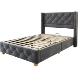 MODFU Cama infantil terciopelo gris 90x200 cm con somier de láminas