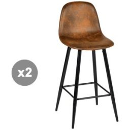 Meubles Cosy Juego de 2 taburetes de bar de ante con reposapiés, marrón