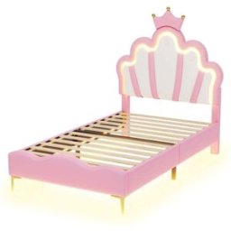 MODFU Cama infantil de cuero rosa 90x200 cm con iluminación led ambiental