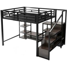 ComfortXL Cama alta soporte TV enchufe escalera almacenaje negra 140x200 cm