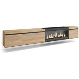 Skraut home Mueble tv efecto madera roble y negro 288x35x45 chimenea efecto fuego