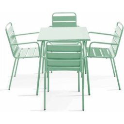 Oviala Conjunto mesa de jardín cuadrada y 4 sillas de acero verde salvia