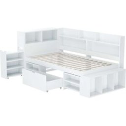 MODFU Cama infantil de madera blanca 90x200 cm con espacio de almacenaje