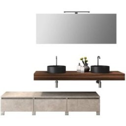 AQA DESIGN Mueble de baño de 9 piezas doble lavabo en melamina nogal/piedra beige