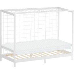 ML-Design Cama infantil 90x200 cm + colchón 10cm portería fútbol madera blanca