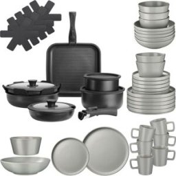 Tectake Set básico de cocina para 6 personas, 47 piezas, gris/negro