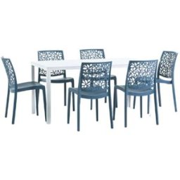 Fuori Conjunto de jardín mesa rectangular blanca + 6 sillas azul petróleo