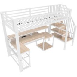 ComfortXL Cama alta 90x200 con escritorio USB LED almacenaje en acero blanco
