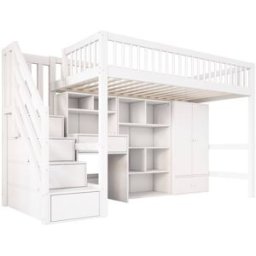 ComfortXL Cama alta infantil 90 x 200 cm con escritorio armario escalera blanca