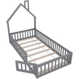 OKWISH Cama infantil gris de madera de pino con chimenea 90x200 cm