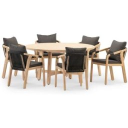 Defora Home Conjunto mesa redonda jardín 150 cm y 6 sillas de madera y cuerda