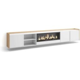 Skraut home Mueble tv efecto madera blanco roble 315x35x50cm chimenea efecto fuego