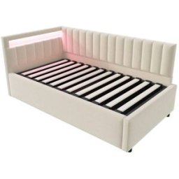 MODFU Cama infantil terciopelo beige 90x200 cm, espacio de almacenaje y led