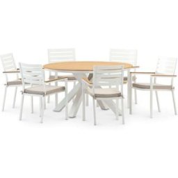 Defora Home Conjunto blanco mesa redonda y 6 sillas con cojín