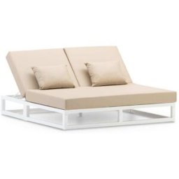 Defora Home Cama balinesa doble blanca con cojines beige