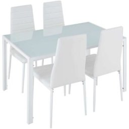 Tectake Conjunto mesa y sillas comedor, cuero sintético, blanco 120x70x75cm