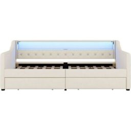 MODFU Cama infantil de lino beige de 90 x 200 cm con 2 cajones