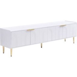 Urban Meuble Mueble de TV de diseño blanco con puertas arqueadas y patas doradas.