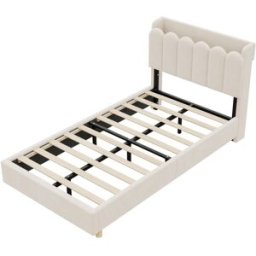 MODFU Cama tapizada con somier, usb/tipo c, terciopelo, beige, 90x200 cm