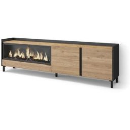 Skraut home Mueble tv efecto madera roble negro 212x35x61cm chimenea efecto fuego