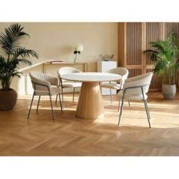 Unique Mesa de comedor redonda para 4 personas en cerámica y chapado de fresno - Efecto mármol blanco y natural claro - ANTALIZA