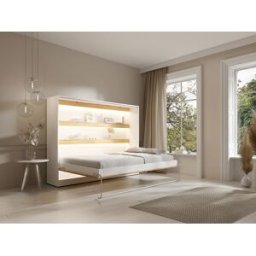 Unique Cama abatible 140 x 200 cm - Apertura horizontal manual - Con LEDs - Blanco y natural - RAPILI