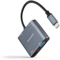 Nanocable Adaptador USB-C > HDMI + VGA + USB3.0 + USB-C (PD 60W) 15CM Gris Compatible con Thunderbolt 3