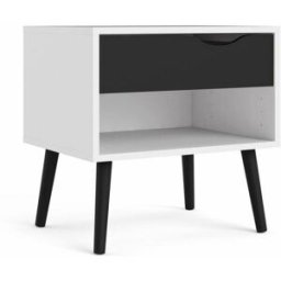 ebuy24 Mesita de noche napoli con 1 cajón y 1 estante en color blanco y negro
