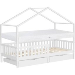 ML-Design Cama infantil casa de madera blanco 90x200cm 2 cajones + colchón 16cm